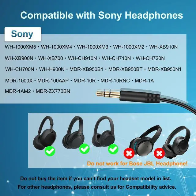 Alt view image 2 of 7 - Sony Headphones Replacement Audio Cable Cord 3.5mm to 3.5mm Aux Wire | Work for Sony WH-1000XM5 WH-1000XM4 WH-1000XM3 WH-XB910N WH-CH710N WH-CH720N MDR-1000X MDR-1AM2, In-line Mic & Volume Control