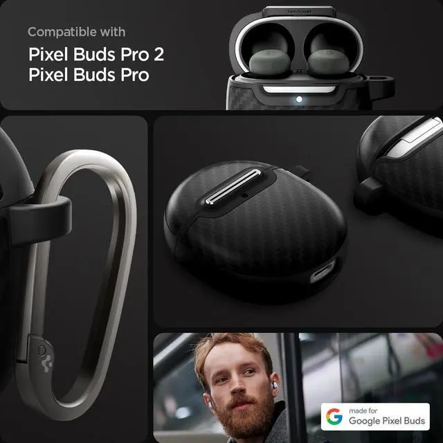 Alt view image 2 of 7 - Enzo Aramid Designed for Pixel Buds Pro 2 & 1 (2024/2022) | Premium Enzo Aramid Friber, Timeless Luxury Design, Carabiner Included - Matte Black