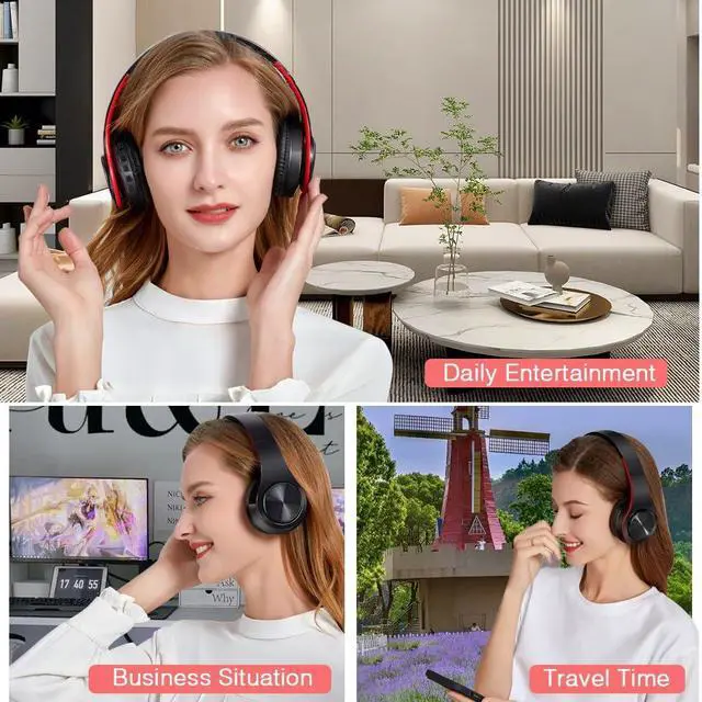 Alt view image 6 of 6 - Bluetooth Over The Ear Headphone Stereo Sound Computer PC Headset for Gaming Meeting Chat with Mic/Soft Earmuffs/Foldable/TF 3.5mm Jack for Universal Connectivity (black red)