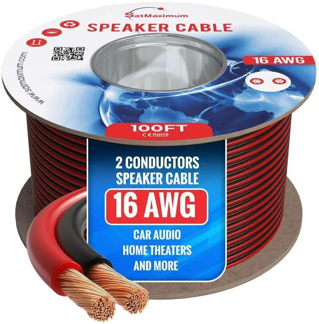 Main image of Speaker Cable 100FT 16AWG 2 Conductors (16/2) CL3 Rated CCA (Copper Clad Aluminum) Black and Red Jacket Compatible with Low Voltage LED Wire, Car Audio, Home Theater