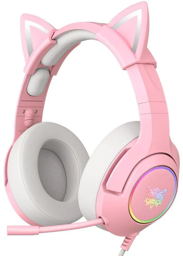 Main image of Gaming Headset - Removable Cat Ears, RGB/Retractable Mic (A Pink) | Wired 3.5mm surround sound gaming headphone, compatible with PC, PS4, PS5, mobile, cute light pink design