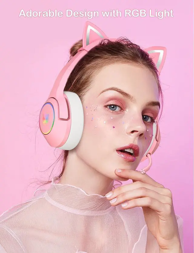 Alt view image 2 of 7 - Gaming Headset - Removable Cat Ears, RGB/Retractable Mic (A Pink) | Wired 3.5mm surround sound gaming headphone, compatible with PC, PS4, PS5, mobile, cute light pink design