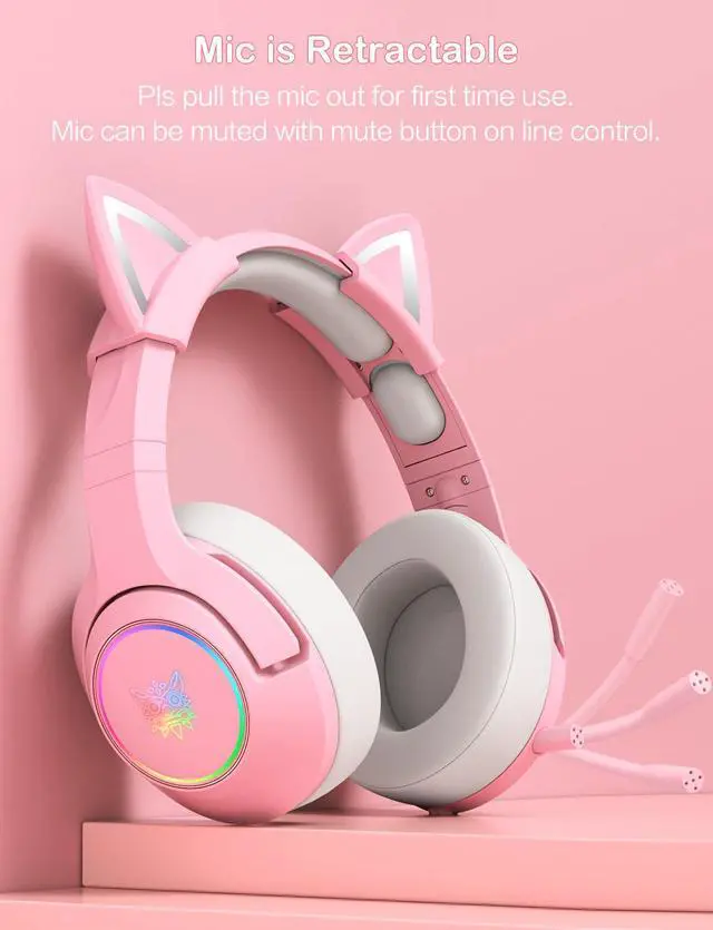 Alt view image 4 of 7 - Gaming Headset - Removable Cat Ears, RGB/Retractable Mic (A Pink) | Wired 3.5mm surround sound gaming headphone, compatible with PC, PS4, PS5, mobile, cute light pink design