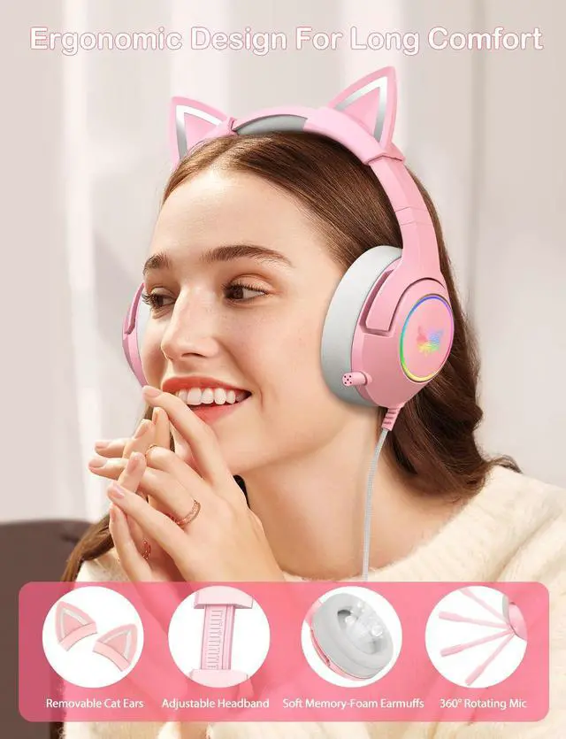 Alt view image 3 of 7 - Gaming Headset - Removable Cat Ears, RGB/Retractable Mic (A Pink) | Wired 3.5mm surround sound gaming headphone, compatible with PC, PS4, PS5, mobile, cute light pink design