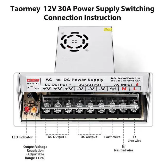 Alt view image 5 of 7 - 12V 30A 360W Switching Power Supply Universal AC/DC Adapter | AC 110V/220V to DC 12V 30A Converter, Regulated Transformer Driver for LED Strip,CCTV Cameras,3D Printer,Industrial Equipment
