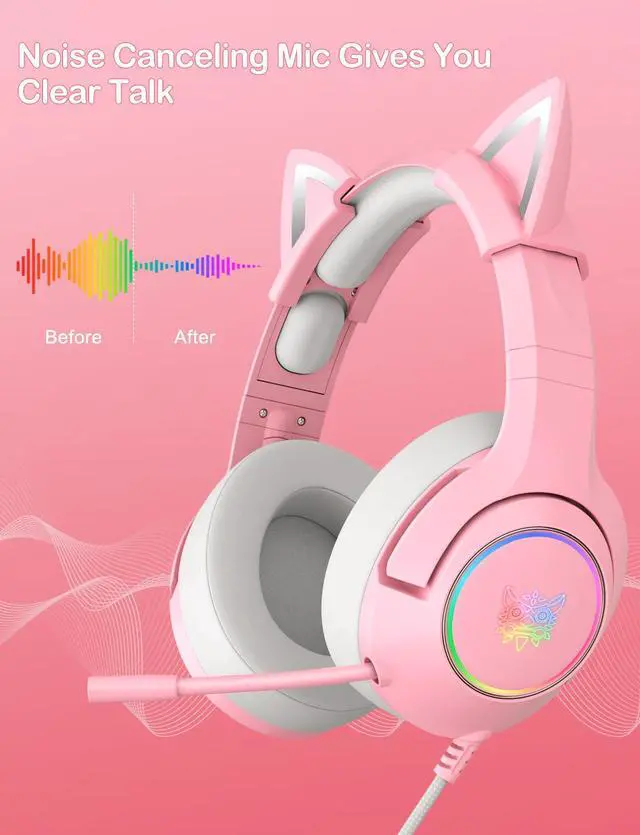 Alt view image 5 of 7 - Gaming Headset - Removable Cat Ears, RGB/Retractable Mic (A Pink) | Wired 3.5mm surround sound gaming headphone, compatible with PC, PS4, PS5, mobile, cute light pink design