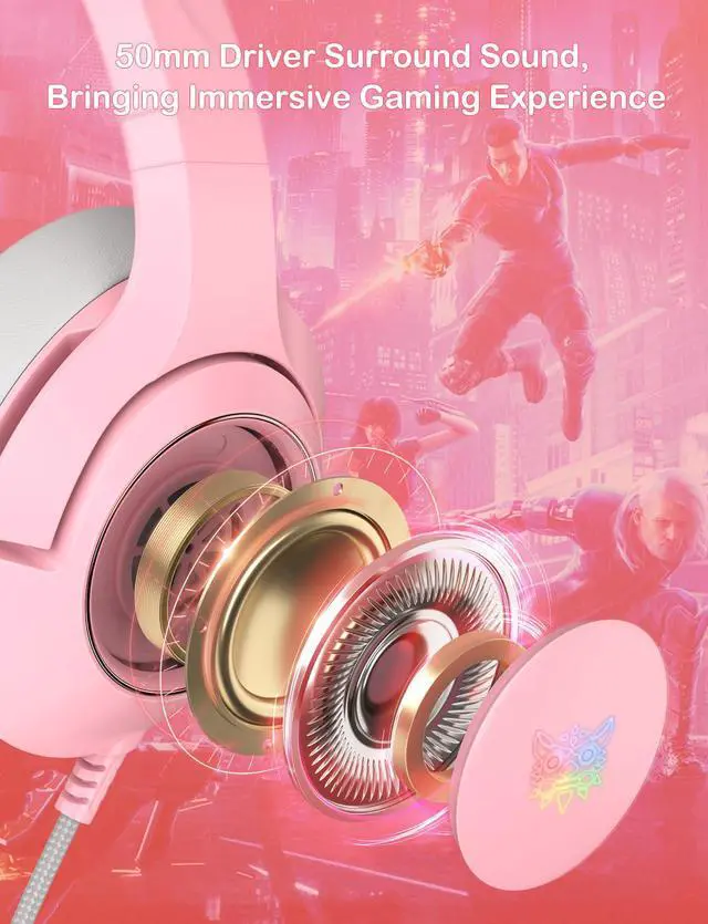 Alt view image 6 of 7 - Gaming Headset - Removable Cat Ears, RGB/Retractable Mic (A Pink) | Wired 3.5mm surround sound gaming headphone, compatible with PC, PS4, PS5, mobile, cute light pink design