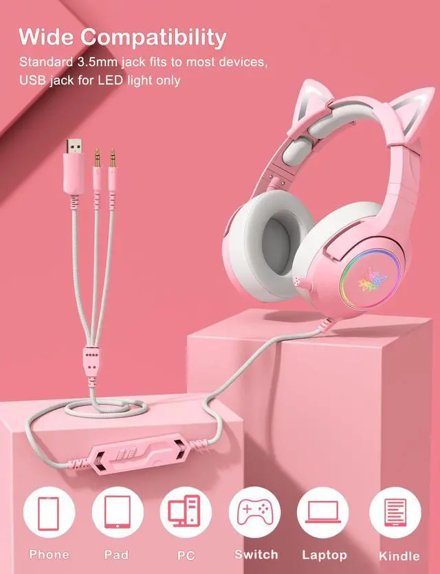 Alt view image 7 of 7 - Gaming Headset - Removable Cat Ears, RGB/Retractable Mic (A Pink) | Wired 3.5mm surround sound gaming headphone, compatible with PC, PS4, PS5, mobile, cute light pink design