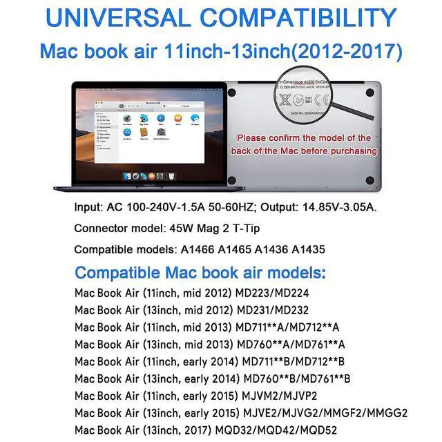 Alt view image 2 of 6 - Mac Book Air Charger Replacement, 45W Power T-tip Magnetic DC Connector Adapter for Mac Book Air 11 inch and 13 inch (Between 2012-2017) (White)