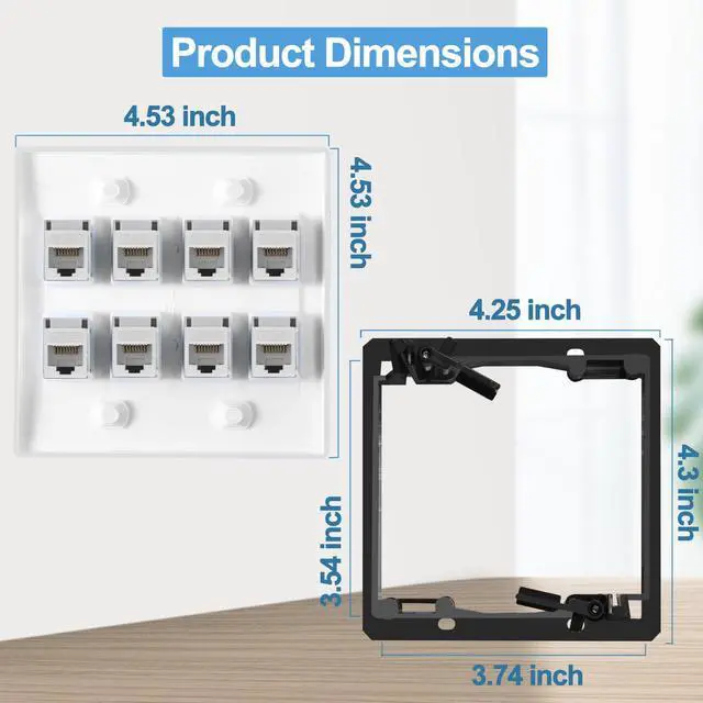 Alt view image 2 of 6 - 8 Port Ethernet Wall Plate White Cat6 Keystone Jack RJ45 Outlet Network Cables Inline Coupler Wires Connector Date Box Cover with 2Gang Low Voltage Mount