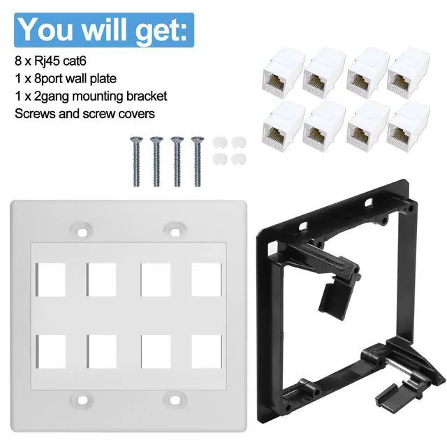 Alt view image 5 of 6 - 8 Port Ethernet Wall Plate White Cat6 Keystone Jack RJ45 Outlet Network Cables Inline Coupler Wires Connector Date Box Cover with 2Gang Low Voltage Mount