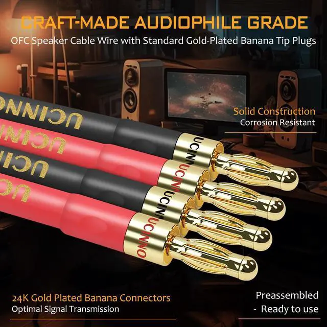 Alt view image 2 of 6 - Speaker Cable with Banana Plugs, 2 Pack 9.8ft/3m 14 Gauge Speaker Wire with Gold-Plated Banana Plugs, Home Theater OFC Speaker Wire Cable for Hi-Fi & Home Audio, Amp, Vintage Speakers