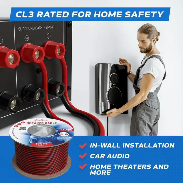 Alt view image 4 of 6 - Speaker Cable 100FT 14AWG 2 Conductors (14/2) CL3 Rated CCA (Copper Clad Aluminum) Black and Red Jacket Compatible with Low Voltage LED Wire, Car Audio, Home Theater