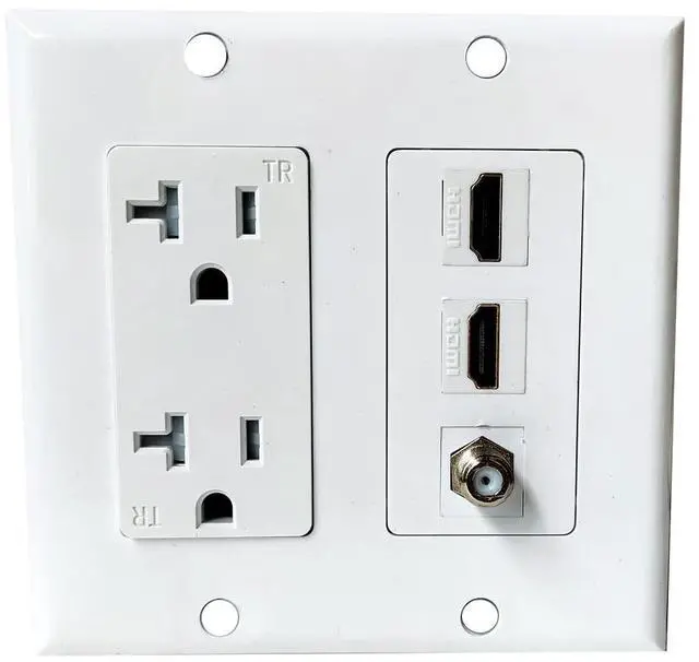 Main image of 20Amp Power Outlet with 2 HDMI Coax Wall Plate - Power Outlet with 2 Port HDMI Keystone Jack, 1 Coax Cable TV F Type