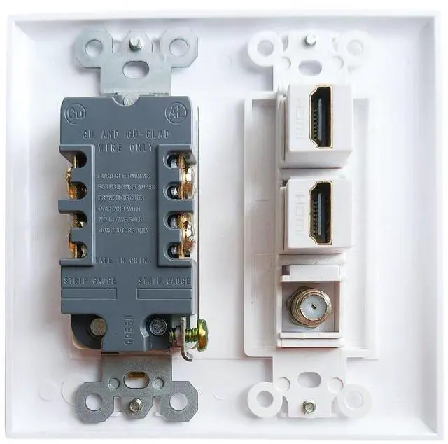 Alt view image 2 of 6 - 20Amp Power Outlet with 2 HDMI Coax Wall Plate - Power Outlet with 2 Port HDMI Keystone Jack, 1 Coax Cable TV F Type