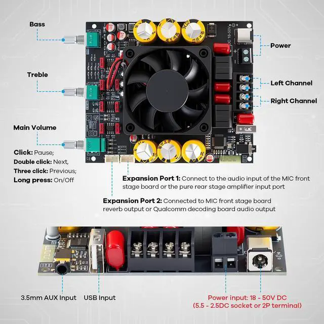 Alt view image 2 of 6 - TPA3255 Bluetooth 5.3 Power Amplifier Board 300W+300W | 2.0 Channel Stereo HiFi Digital Amp Board Audio Receiver with Treble Bass Control for DIY Passive Speakers