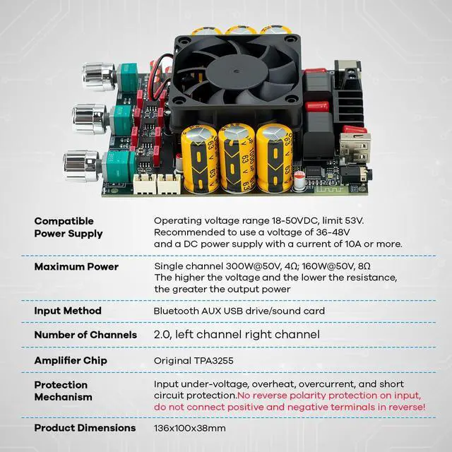 Alt view image 3 of 6 - TPA3255 Bluetooth 5.3 Power Amplifier Board 300W+300W | 2.0 Channel Stereo HiFi Digital Amp Board Audio Receiver with Treble Bass Control for DIY Passive Speakers