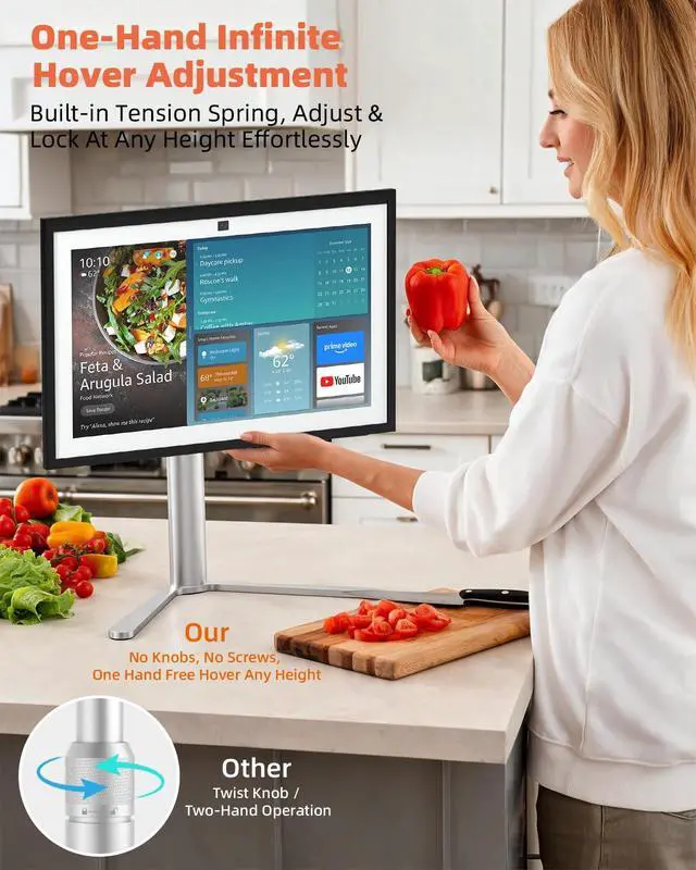 Alt view image 3 of 7 - Aluminum Stand for Echo Show 21 & Display, Single-Hand Height Adjustable, Swivel & Tilt Angle, Portrait Landscape Switch, Heavy Base Stable Desktop VESA Mount for Kitchen Living Room