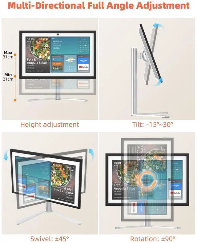 Alt view image 4 of 7 - Aluminum Stand for Echo Show 21 & Display, Single-Hand Height Adjustable, Swivel & Tilt Angle, Portrait Landscape Switch, Heavy Base Stable Desktop VESA Mount for Kitchen Living Room