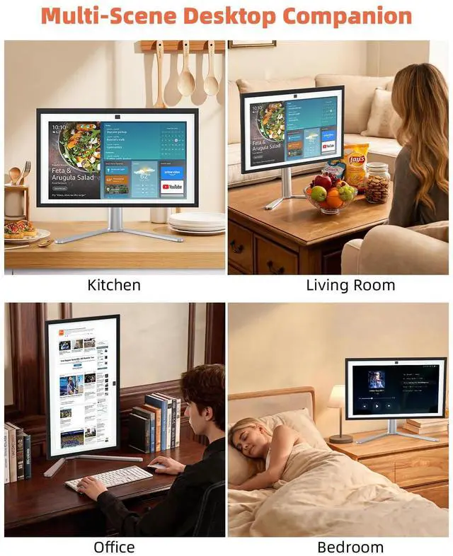 Alt view image 5 of 7 - Aluminum Stand for Echo Show 21 & Display, Single-Hand Height Adjustable, Swivel & Tilt Angle, Portrait Landscape Switch, Heavy Base Stable Desktop VESA Mount for Kitchen Living Room