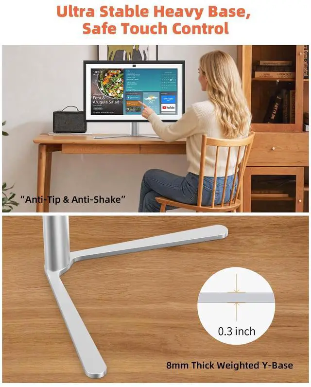 Alt view image 6 of 7 - Aluminum Stand for Echo Show 21 & Display, Single-Hand Height Adjustable, Swivel & Tilt Angle, Portrait Landscape Switch, Heavy Base Stable Desktop VESA Mount for Kitchen Living Room