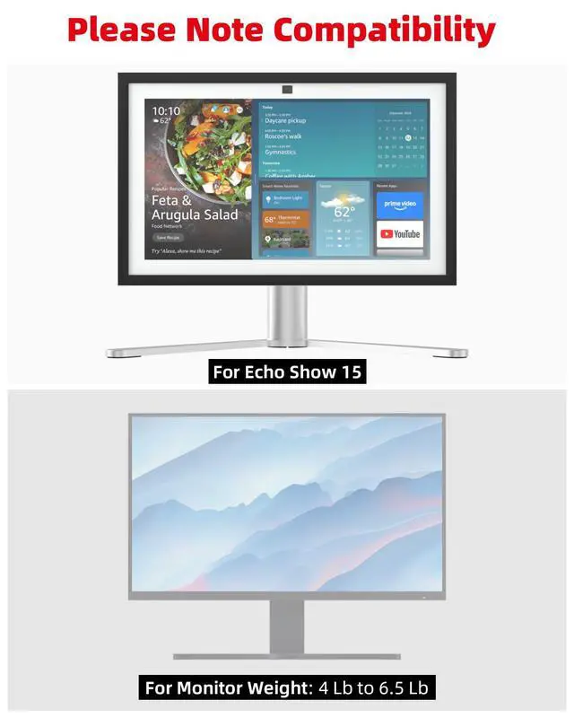 Alt view image 2 of 7 - Aluminum Stand for Echo Show 15 & Display, Single-Hand Height Adjustable, Swivel & Tilt Angle, Portrait Landscape Switch, Heavy Base Stable Desktop VESA Mount for Kitchen Living Room
