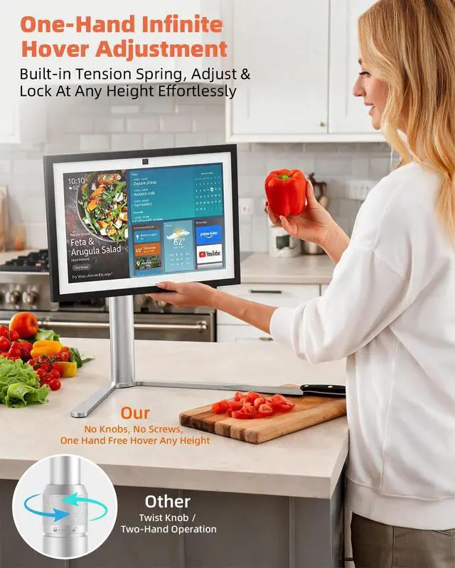 Alt view image 3 of 7 - Aluminum Stand for Echo Show 15 & Display, Single-Hand Height Adjustable, Swivel & Tilt Angle, Portrait Landscape Switch, Heavy Base Stable Desktop VESA Mount for Kitchen Living Room