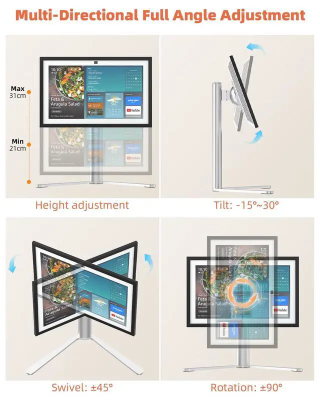 Alt view image 4 of 7 - Aluminum Stand for Echo Show 15 & Display, Single-Hand Height Adjustable, Swivel & Tilt Angle, Portrait Landscape Switch, Heavy Base Stable Desktop VESA Mount for Kitchen Living Room