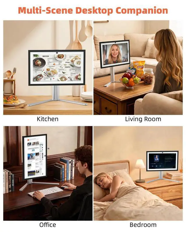 Alt view image 5 of 7 - Aluminum Stand for Echo Show 15 & Display, Single-Hand Height Adjustable, Swivel & Tilt Angle, Portrait Landscape Switch, Heavy Base Stable Desktop VESA Mount for Kitchen Living Room