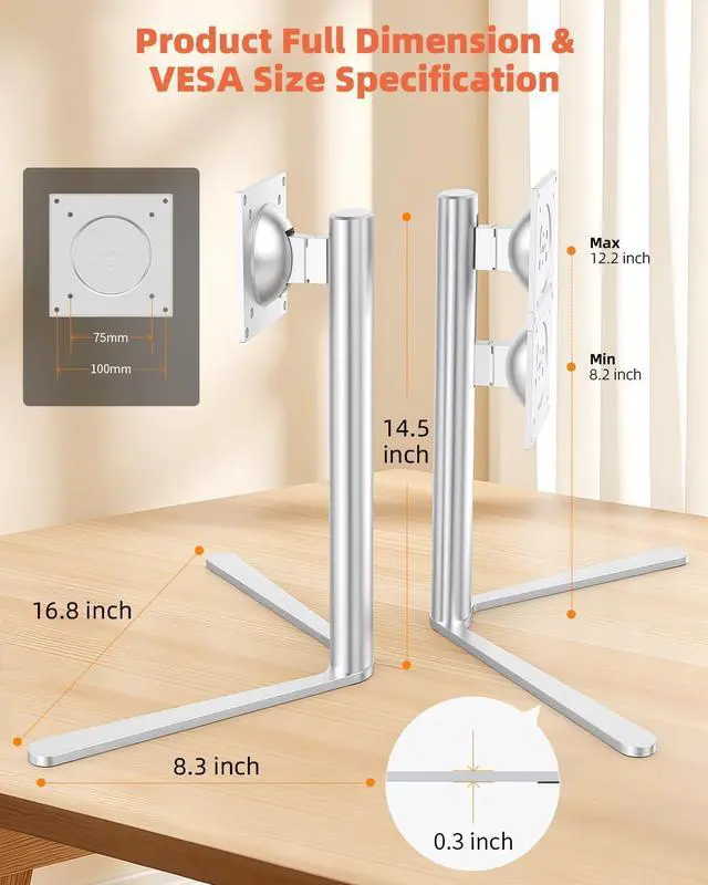 Alt view image 7 of 7 - Aluminum Stand for Echo Show 21 & Display, Single-Hand Height Adjustable, Swivel & Tilt Angle, Portrait Landscape Switch, Heavy Base Stable Desktop VESA Mount for Kitchen Living Room