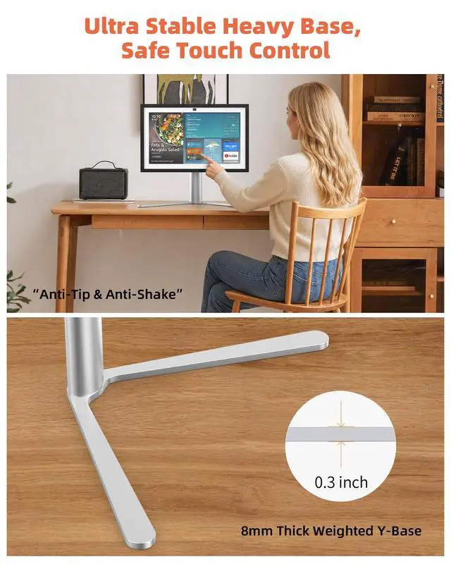 Alt view image 6 of 7 - Aluminum Stand for Echo Show 15 & Display, Single-Hand Height Adjustable, Swivel & Tilt Angle, Portrait Landscape Switch, Heavy Base Stable Desktop VESA Mount for Kitchen Living Room