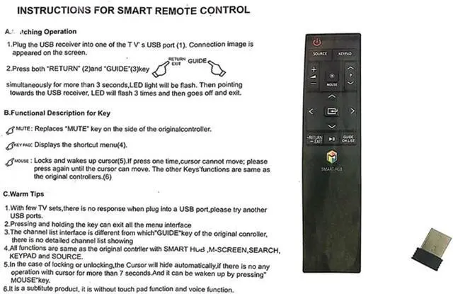 Alt view image 4 of 7 - Replacement Remote Control for Samsung USB Remote Control BN59-01220A/ BN59-01220E/ BN59-01220G/ BN59-01220B/ BN59-01220M/ SEK-3500U/ UA55JS8000W/ UA55JS9000W/ UA55JU6600W/ UA55JU7000W