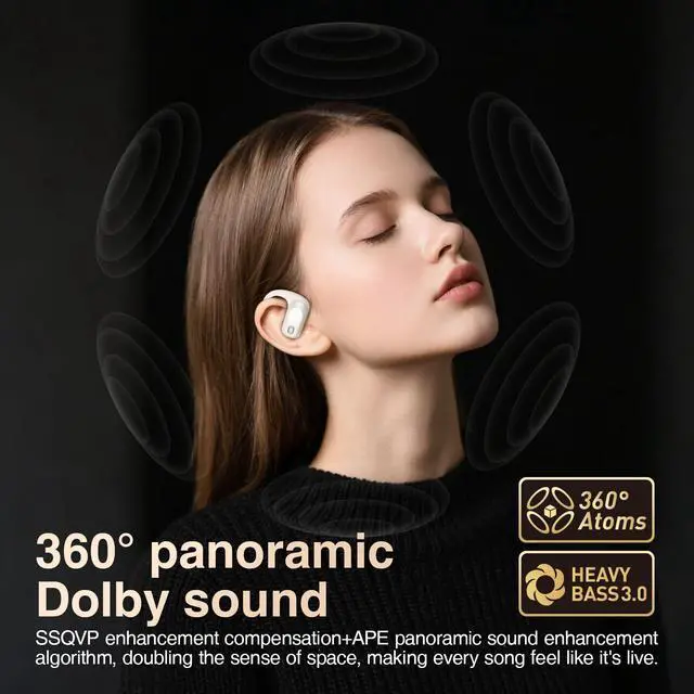Alt view image 3 of 7 - Open Ear Headphones,Silicone Ear Hanger,360-Degree Panoramic Sound,Air Conduction, LED Display,IPX7 Waterproof, Wireless Earbuds for Meeting, Driving,Traveling (Black)