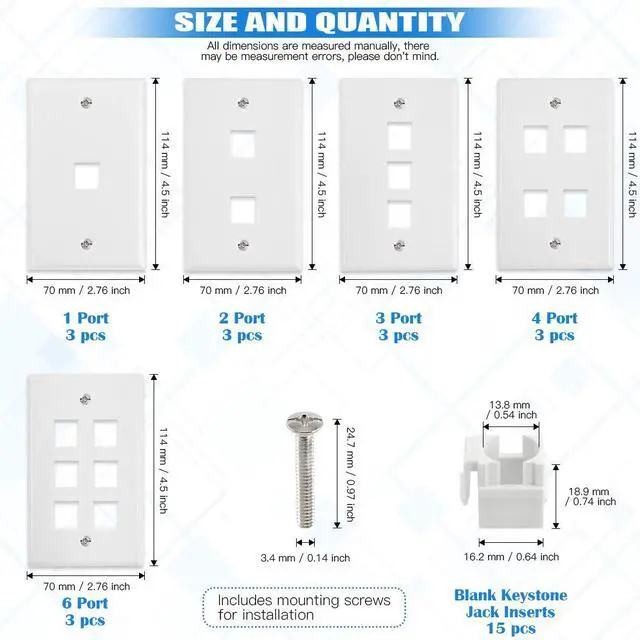 Alt view image 2 of 7 - 30 Pack 1/2/3/4/6 Port White Keystone Wall Plate with Screw and 30Pcs Standard Size Keystone Jack Insert