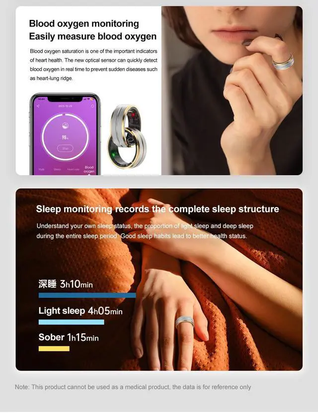 Alt view image 5 of 7 - Smart Ring Fitness Tracker, Sleep & Heart Monitor Size 10 | Heart Rate & Blood Oxygen Monitor & Sleep Monitoring, Remote Selfie Control Ring, Waterproof Smart Rings