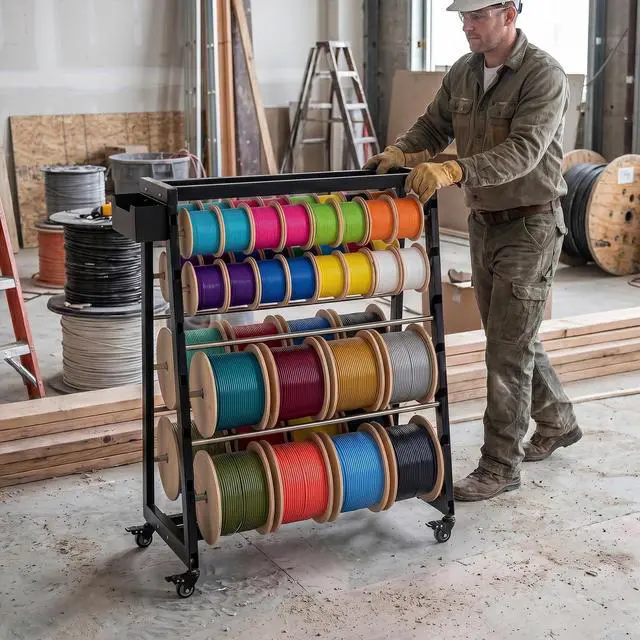 Alt view image 3 of 7 - Wire Spool Rack Heavy-Duty Cable Organizer, 12-Rods Cord Reel with Locking Wheels, 400lb Capacity Cable Caddy & Dispenser for Electrical, Industrial & Retail Use