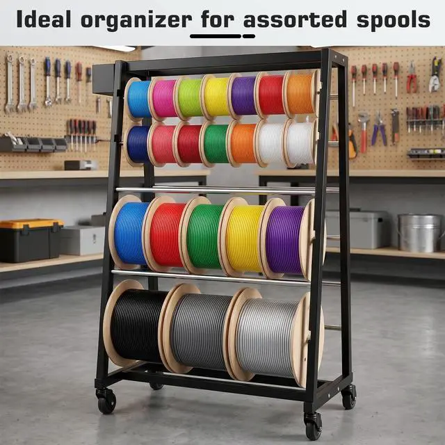 Alt view image 7 of 7 - Wire Spool Rack Heavy-Duty Cable Organizer, 12-Rods Cord Reel with Locking Wheels, 400lb Capacity Cable Caddy & Dispenser for Electrical, Industrial & Retail Use