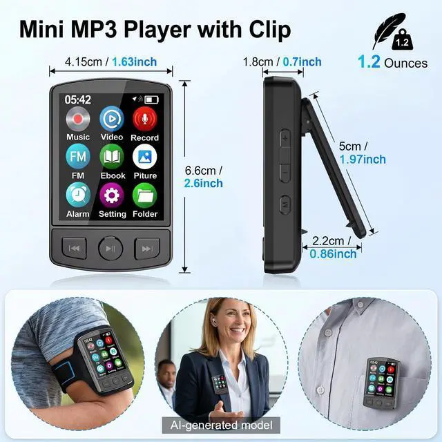 Alt view image 2 of 7 - 64GB MP3 Player with Bluetooth 5.2 and Built-in Clip | HiFi Audio, 128GB TF Card Expansion, FM Radio and Recording, 1.2 oz Compact Design, E-Book Reader and Speaker