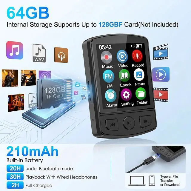 Alt view image 5 of 7 - 64GB MP3 Player with Bluetooth 5.2 and Built-in Clip | HiFi Audio, 128GB TF Card Expansion, FM Radio and Recording, 1.2 oz Compact Design, E-Book Reader and Speaker