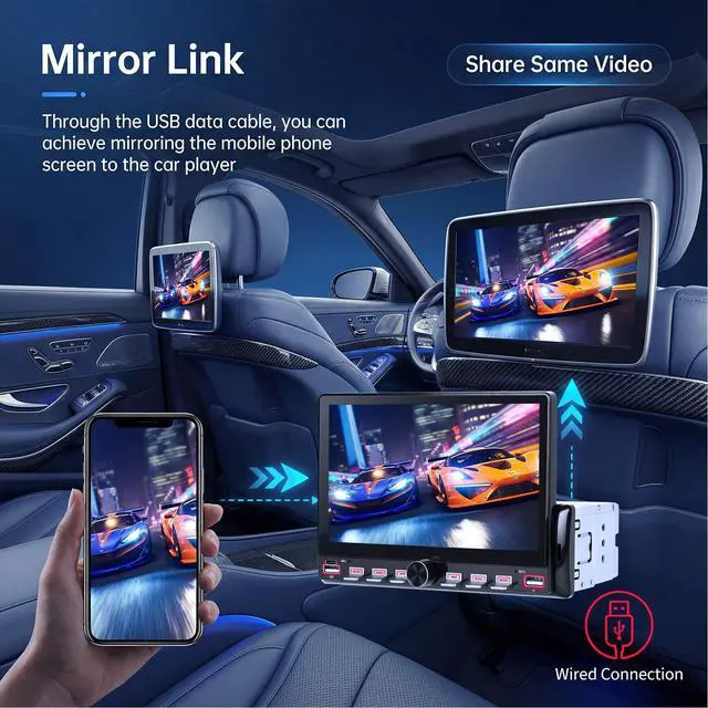 Alt view image 2 of 6 - Single Din Car Radio with Bluetooth, 7'' Touch Screen Car Radio, FM Radio, Mirror Link, EQ, Share Same Video, USB/Type-C, SWC, Support U Disk, AUX, SD Card+ Camera,Color Backlight Settings