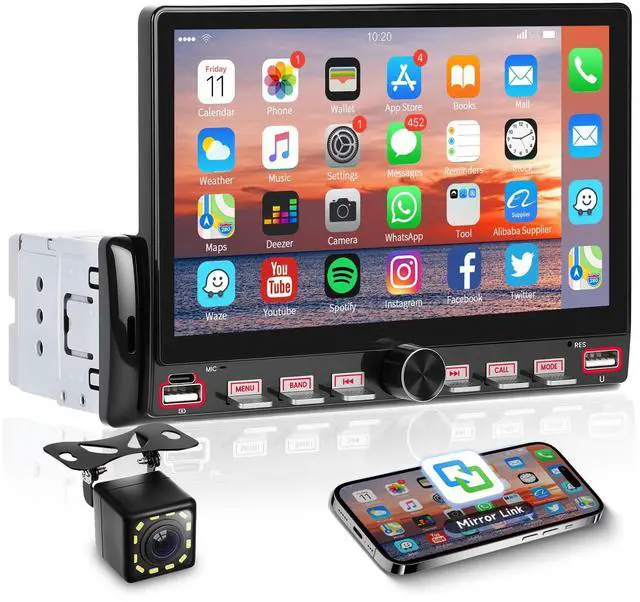 Main image of Single Din Car Radio with Bluetooth, 7'' Touch Screen Car Radio, FM Radio, Mirror Link, EQ, Share Same Video, USB/Type-C, SWC, Support U Disk, AUX, SD Card+ Camera,Color Backlight Settings