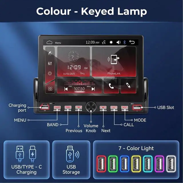 Alt view image 5 of 6 - Single Din Car Radio with Bluetooth, 7'' Touch Screen Car Radio, FM Radio, Mirror Link, EQ, Share Same Video, USB/Type-C, SWC, Support U Disk, AUX, SD Card+ Camera,Color Backlight Settings