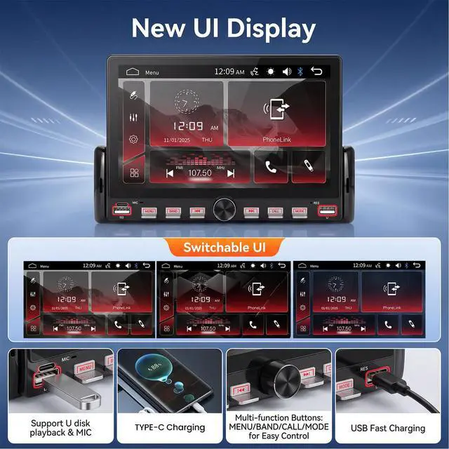Alt view image 4 of 6 - Single Din Car Radio with Bluetooth, 7'' Touch Screen Car Radio, FM Radio, Mirror Link, EQ, Share Same Video, USB/Type-C, SWC, Support U Disk, AUX, SD Card+ Camera,Color Backlight Settings