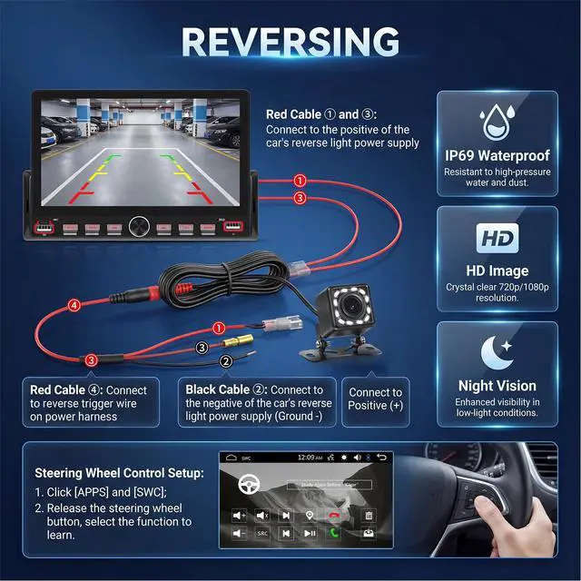 Alt view image 6 of 6 - Single Din Car Radio with Bluetooth, 7'' Touch Screen Car Radio, FM Radio, Mirror Link, EQ, Share Same Video, USB/Type-C, SWC, Support U Disk, AUX, SD Card+ Camera,Color Backlight Settings