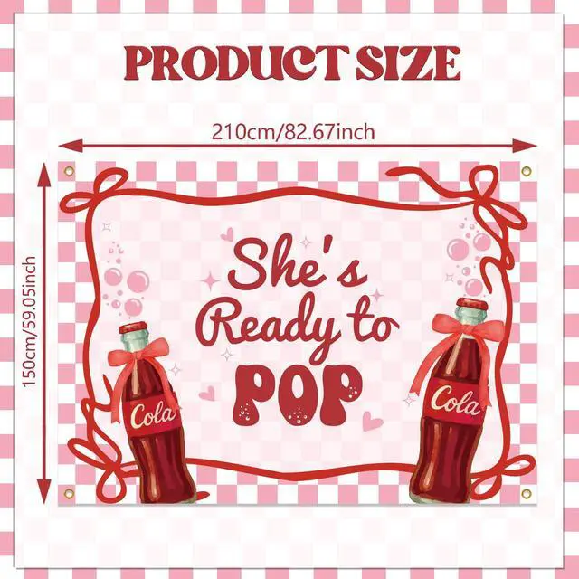Alt view image 2 of 6 - She's Ready to Pop Backdrop - Retro Soda Fountain Baby Shower Decor, Red Coquette Soda Theme Gender Reveal Party Decorations 7x5ft