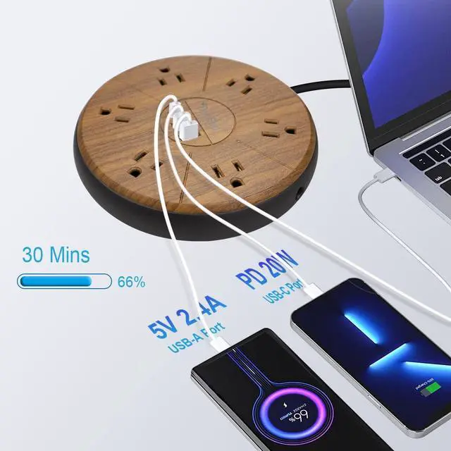 Alt view image 4 of 7 - Power Strip Surge Protector 6 AC outlets with USB and USB-C PD 20W Fast Charging 15A 1875W high Power Output Widely Spaced Multi outlets Circuit Breaker Safeguard for Home,Office, Dorm Room