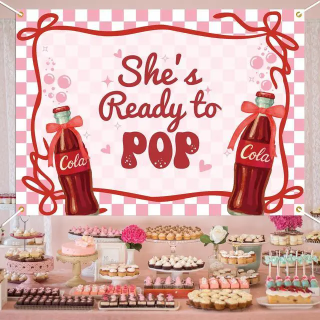 Alt view image 4 of 6 - She's Ready to Pop Backdrop - Retro Soda Fountain Baby Shower Decor, Red Coquette Soda Theme Gender Reveal Party Decorations 7x5ft
