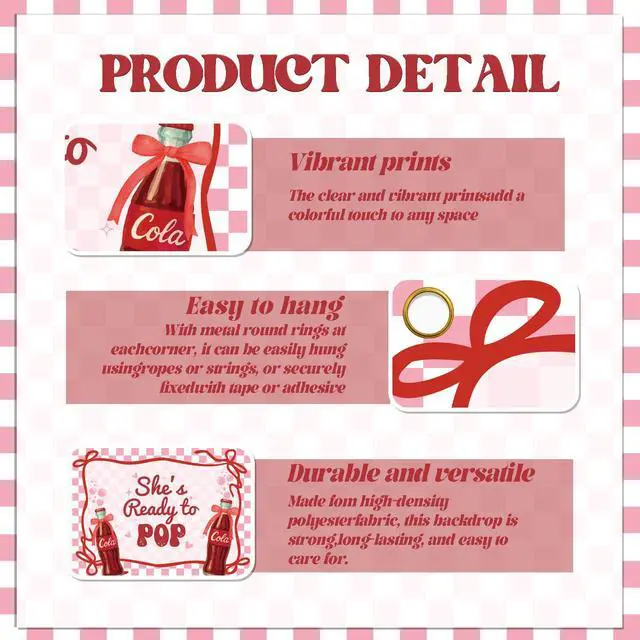 Alt view image 3 of 6 - She's Ready to Pop Backdrop - Retro Soda Fountain Baby Shower Decor, Red Coquette Soda Theme Gender Reveal Party Decorations 7x5ft