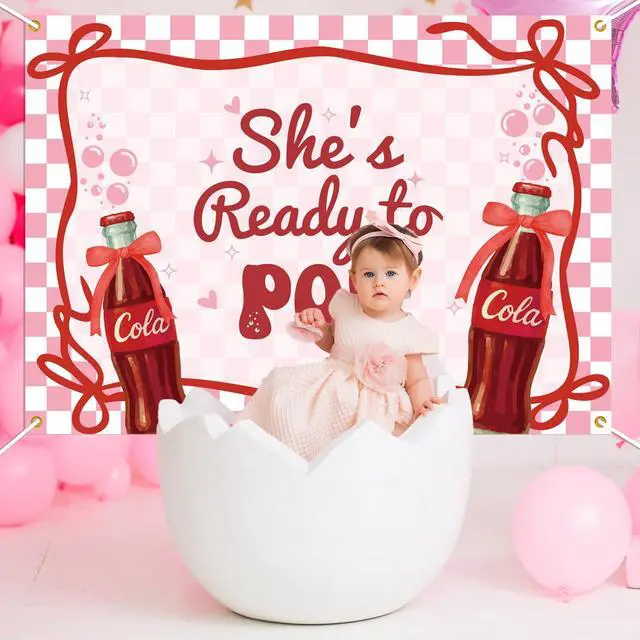 Alt view image 6 of 6 - She's Ready to Pop Backdrop - Retro Soda Fountain Baby Shower Decor, Red Coquette Soda Theme Gender Reveal Party Decorations 7x5ft