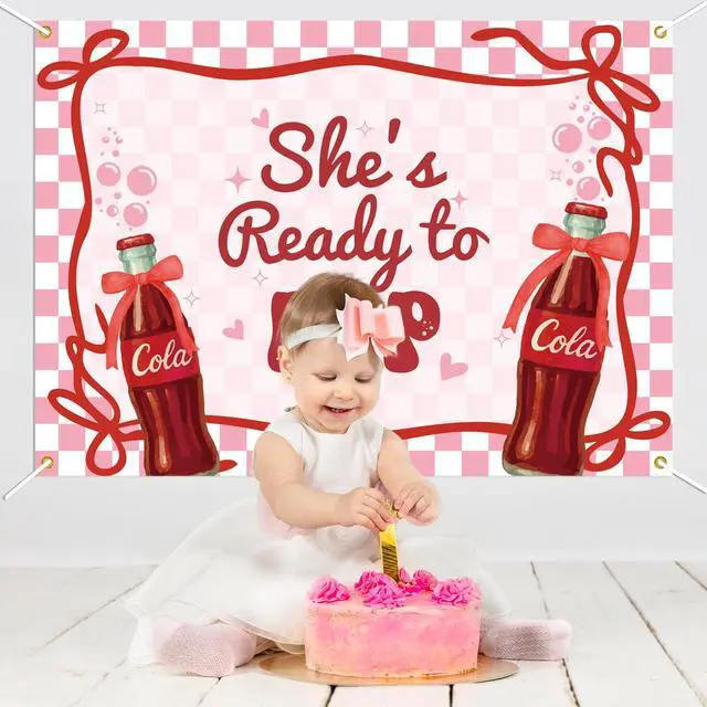 Alt view image 5 of 6 - She's Ready to Pop Backdrop - Retro Soda Fountain Baby Shower Decor, Red Coquette Soda Theme Gender Reveal Party Decorations 7x5ft